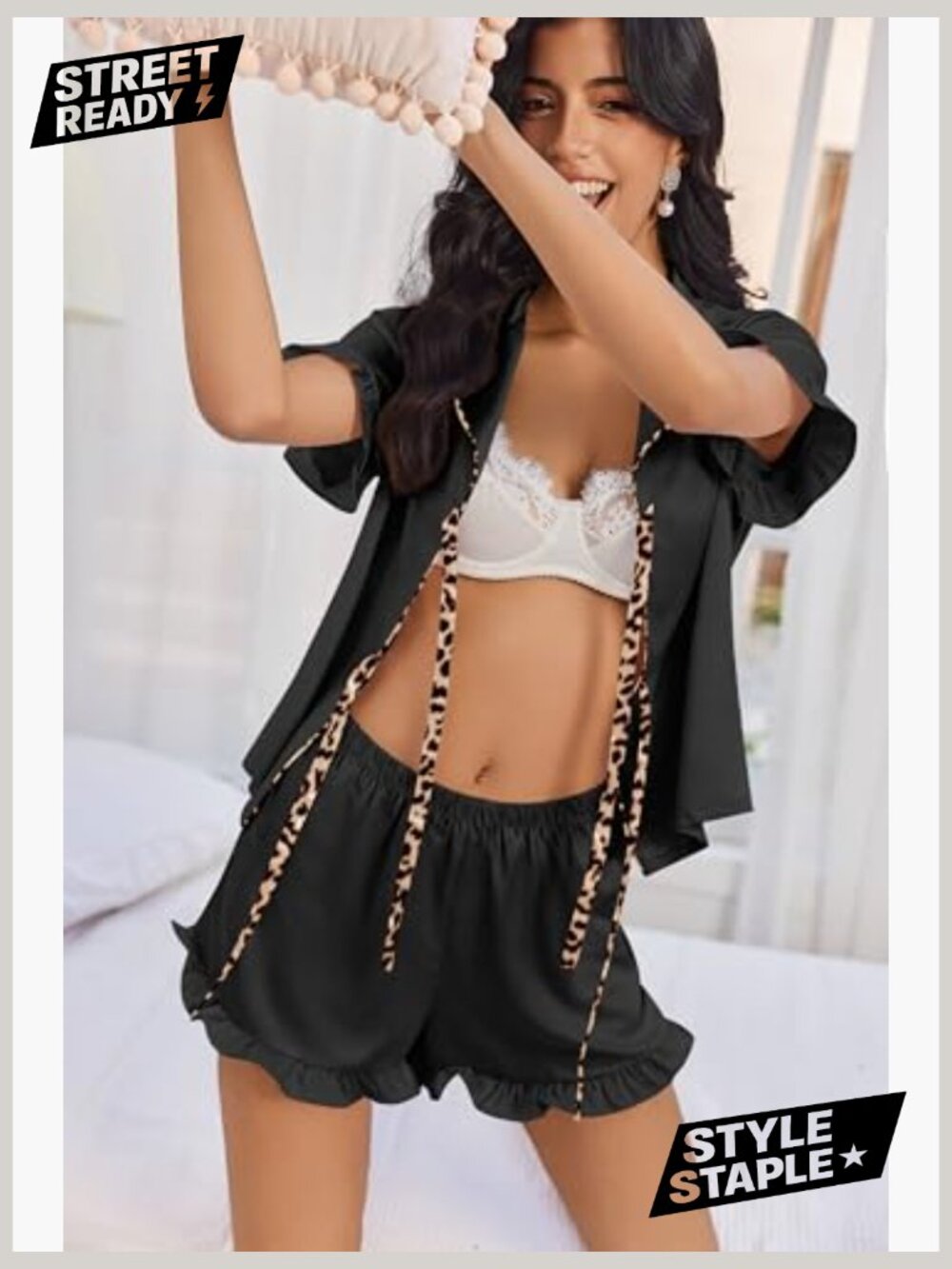 Short Sleeve Bow Tie Pajama Set - Silky Satin Pj Shorts Loungewear - Picture 4 of 7